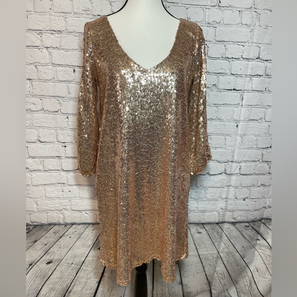 Lulus Moment to Shine Dress Sequin Cutout Sleeves Champagne Size S